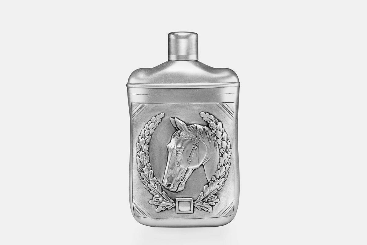 Sterling silver 'Horses Flask' designed by Michael Galmer.