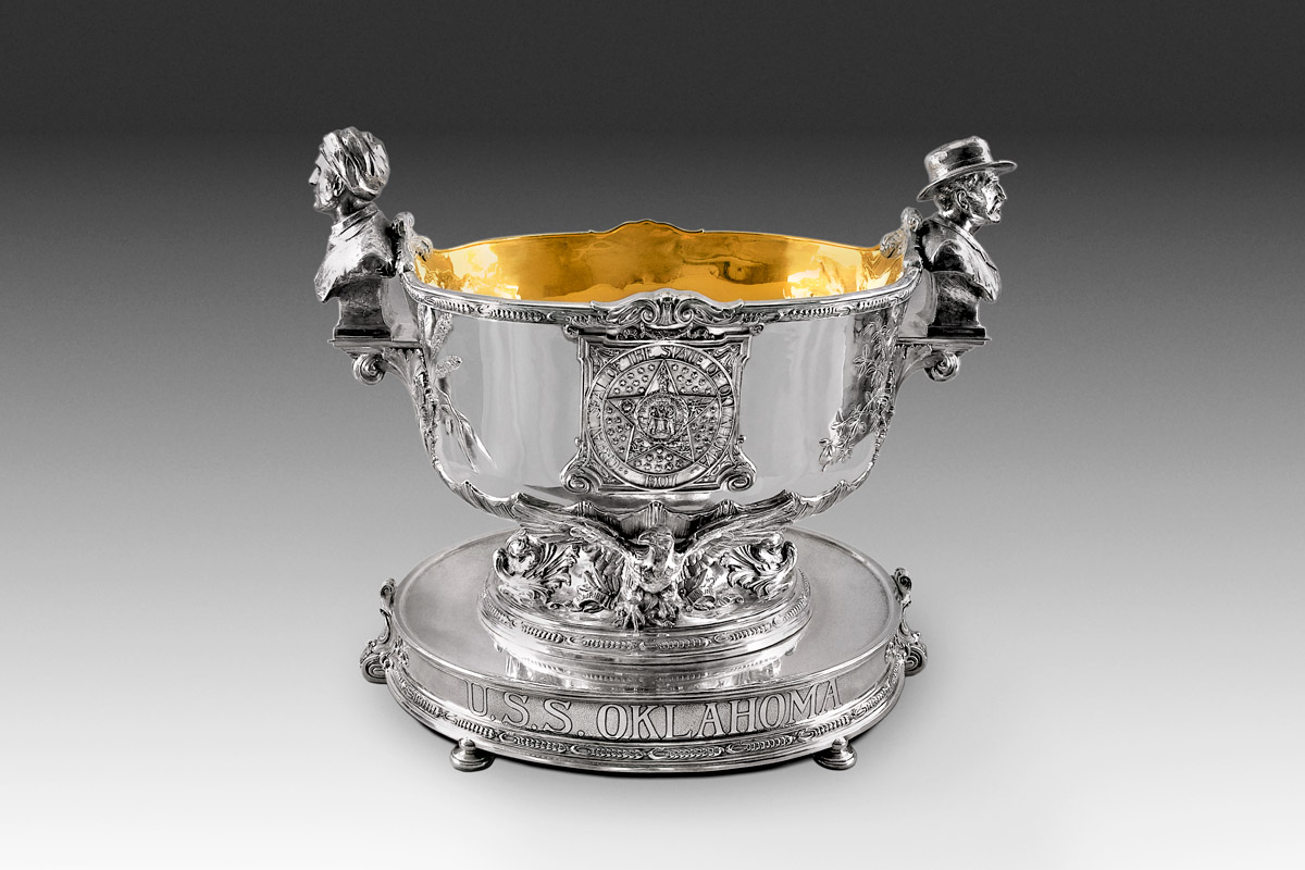 Sterling silver 'Oklahoma Punch Bowl' by Michael Galmer on permanent display at the Oklahoma Governor's Mansion.