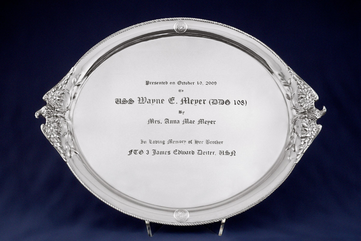 Sterling silver 'Uss Wayne E. Meyer Commemorative Plate' designed by Michael Galmer, on permanent display on the USS Carrier Wayne E. Meyer.