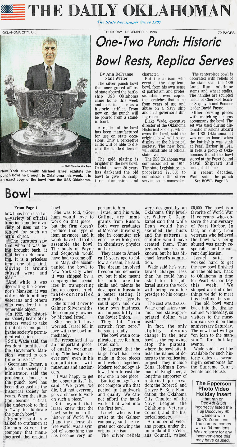 Article about sterling silver replica of the USS Oklahoma punch bowl by Michael Galmer, in the The Daily Oklahoman, 1996.