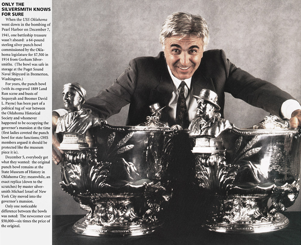 Article about artist Michael Galmer's sterling silver replica of the USS Oklahoma punch bowl in the Oklahoma Today, 1997.