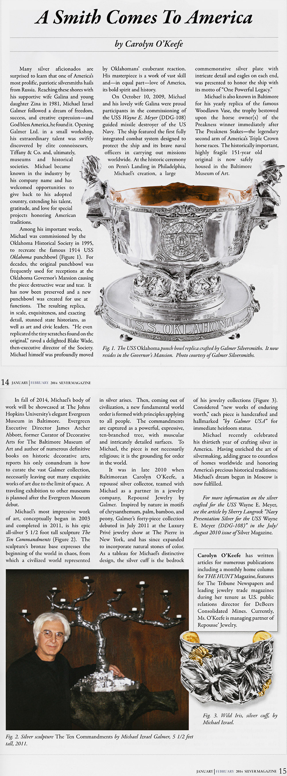 Article about artist Michael Galmer's sterling silver replica of the USS Oklahoma punch bowl in the Silver Magazine, 2014.