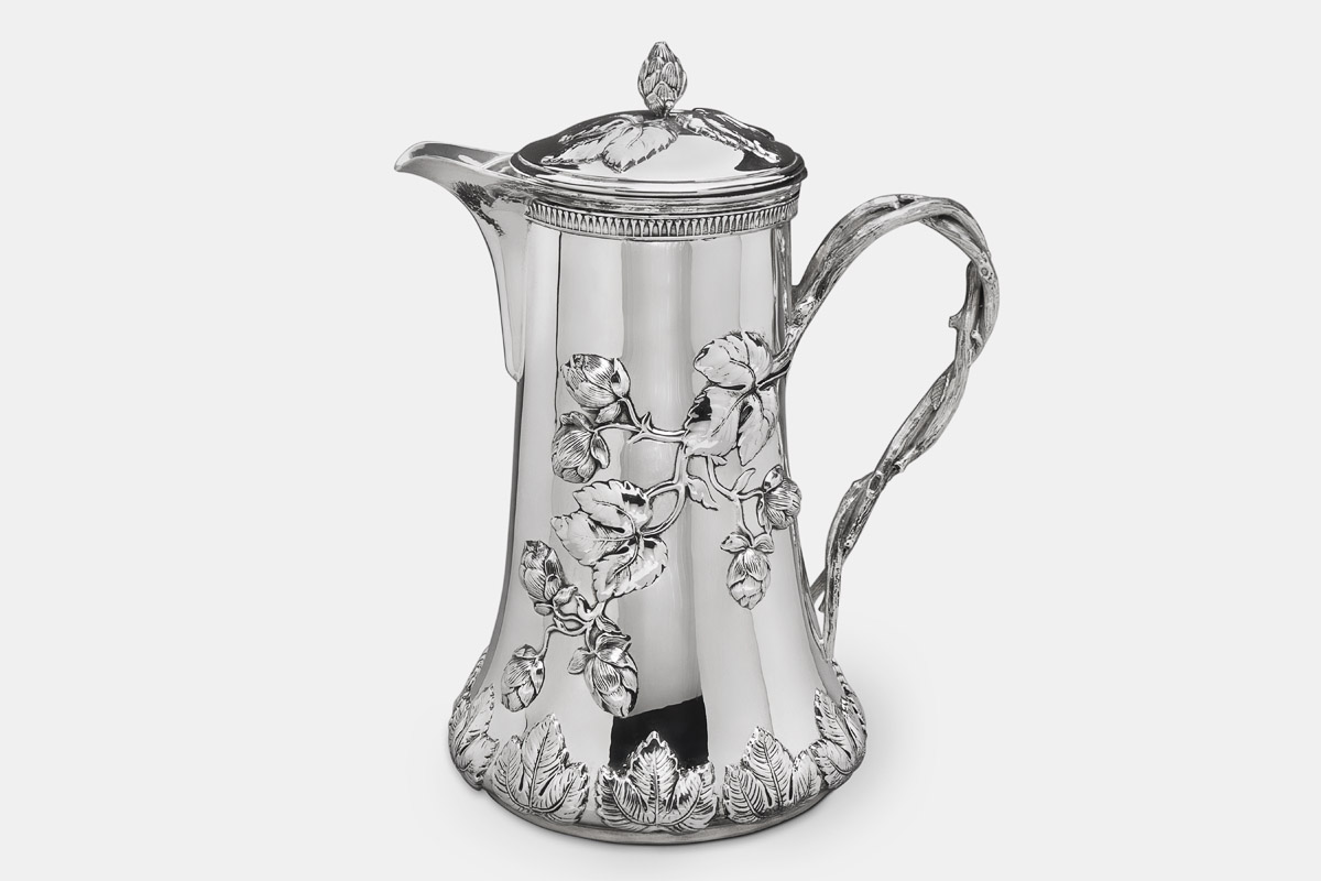 Sterling silver 'Hops Blossom' pitcher designed by Michael Galmer in the permanent collection of The Long Island Museum.