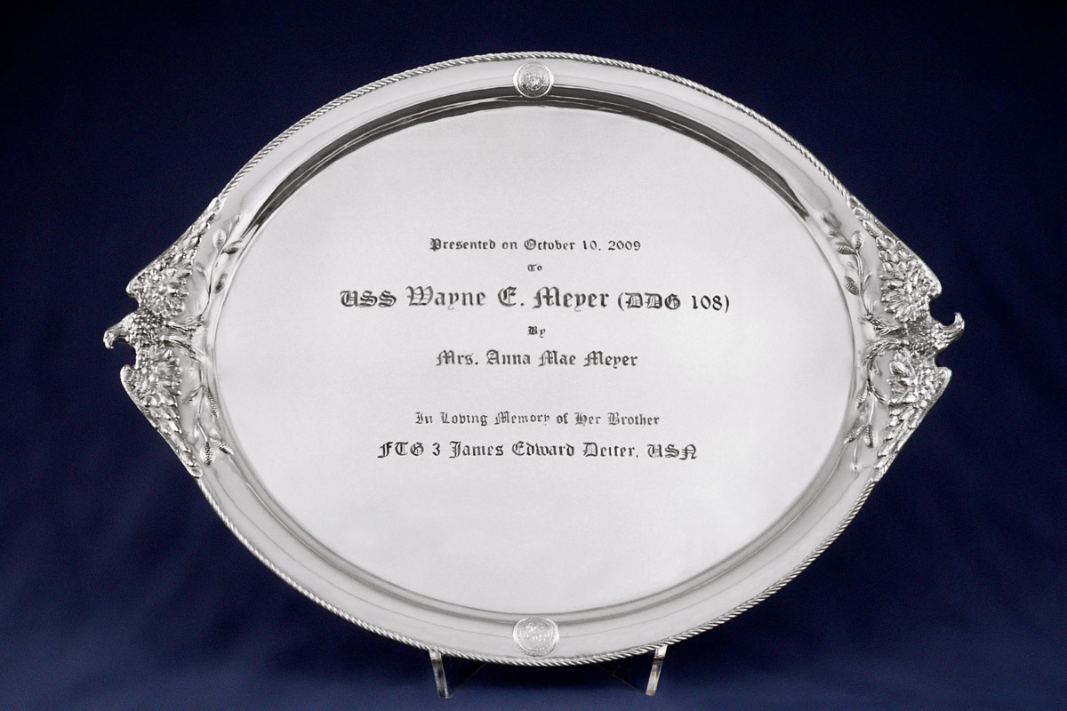 USS Wayne E. Meyer sterling silver commemorative serving tray designed by Michael Galmer.